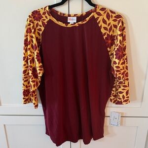NWT LuLaRoe Burgundy Top with Yellow Floral Sleeves